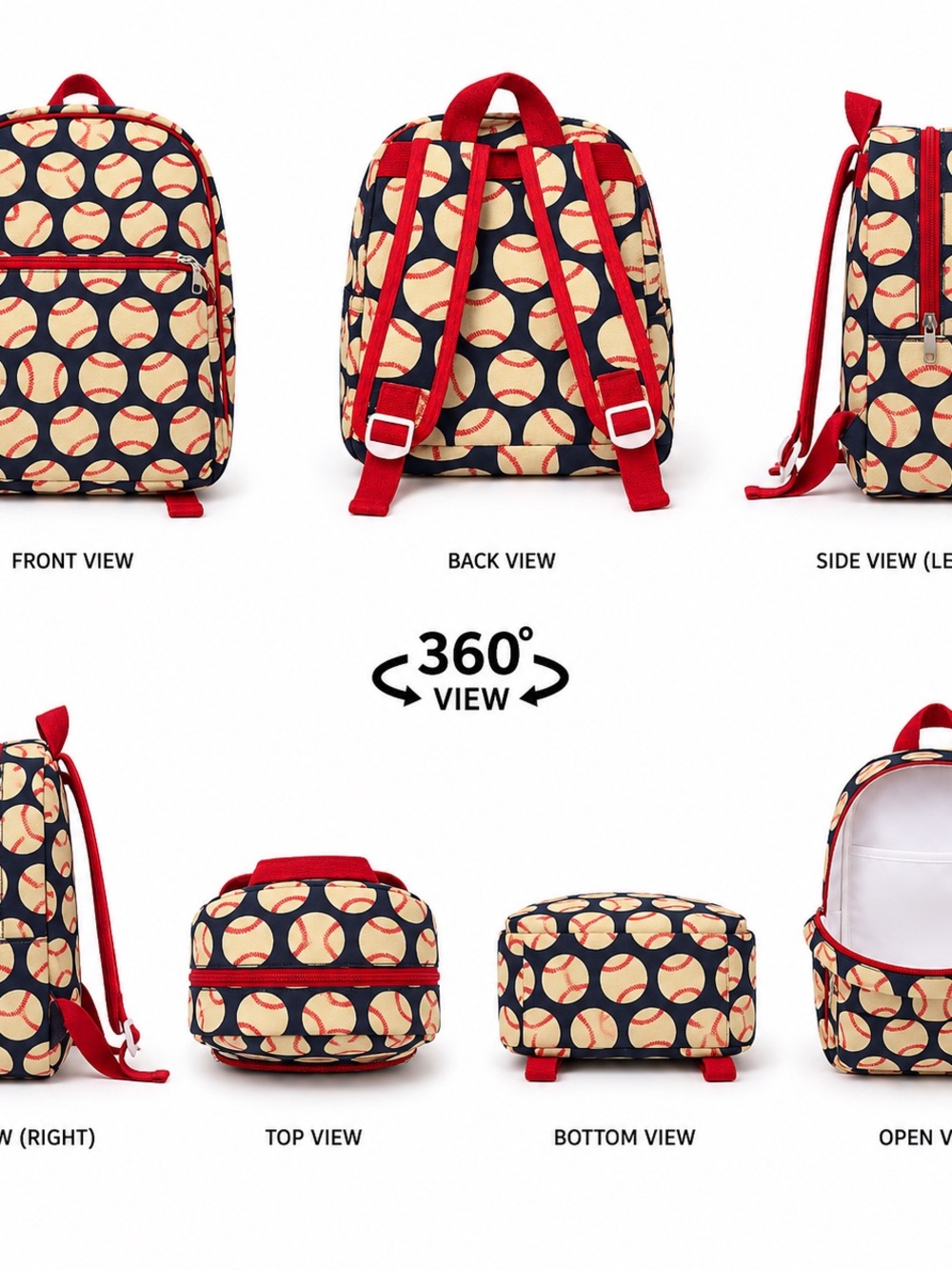 Baseball Print Kids Backpack with Red Straps